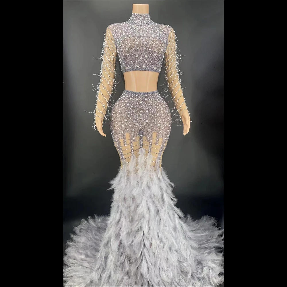 Robe de soirée en plumes pour femmes, paillettes, Drag Queen, Costume de spectacle, de Festival, d'anniversaire, 2 pièces