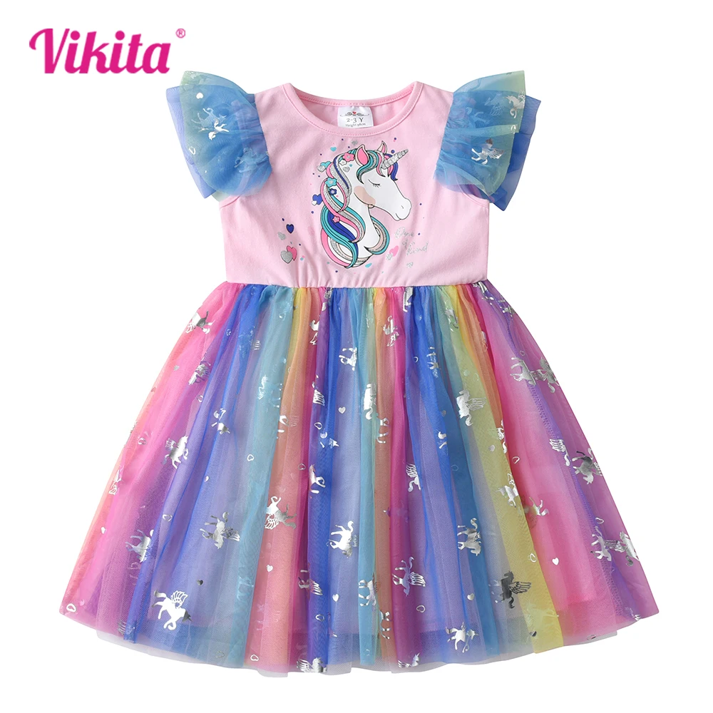 VIKITA-Robe imprimée de dessin animé pour filles, manches évasées, maille colorée, tulle, enfants, fête d\'anniversaire, princesse, été