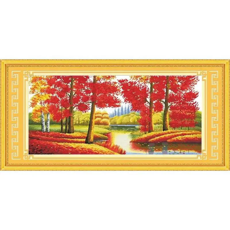 Joy Sunday Pre-printed Cross Stitch Kit  Easy Pattern Aida  Stamped Fabric Embroidery Set-Treasures Fill The Home(2) (red)