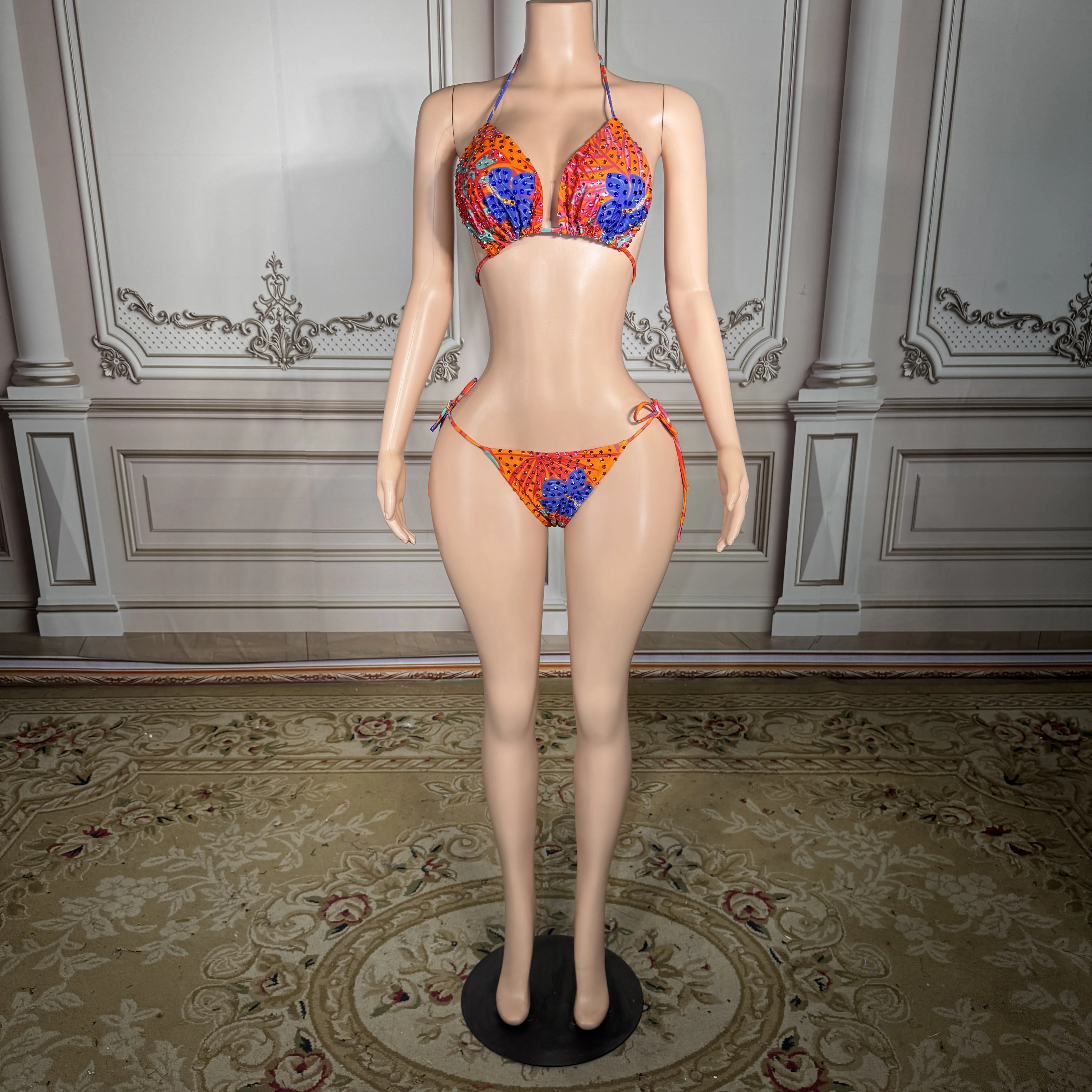 

ZD New Sexy Emerald Green Leopard Bikini Women Halter Sparkly Rhinestones Summer Suit