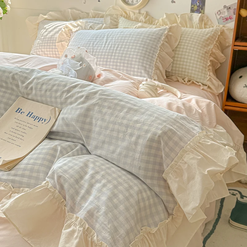 Korean Princess Style Bedding Set Soft Skin-friendly Lattice Lace Ruffles Quilt Cover Plaid Style Duvet Covers Set Pillowcases