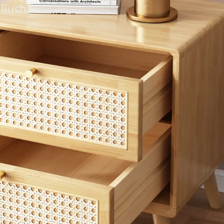 For Storage style small cabinet, rattan woven solid wood bedside table, simple cherry wood famous accommodation bedside