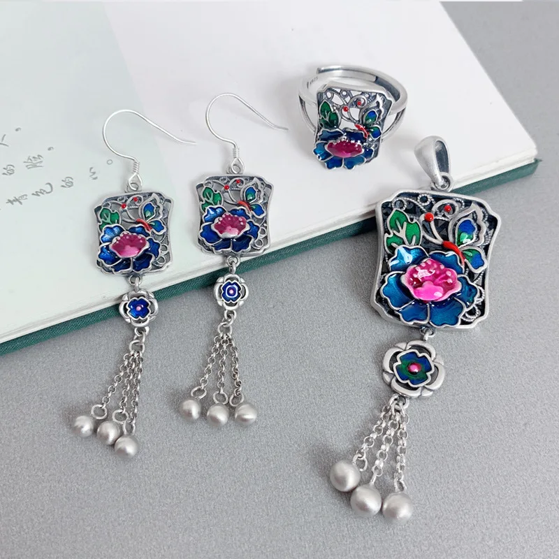 925 Sterling Silver Enamel Colorful Square Peony Tassel Long Earrings Ethnic Vintage Handmade Flower Earrings for Women EH220