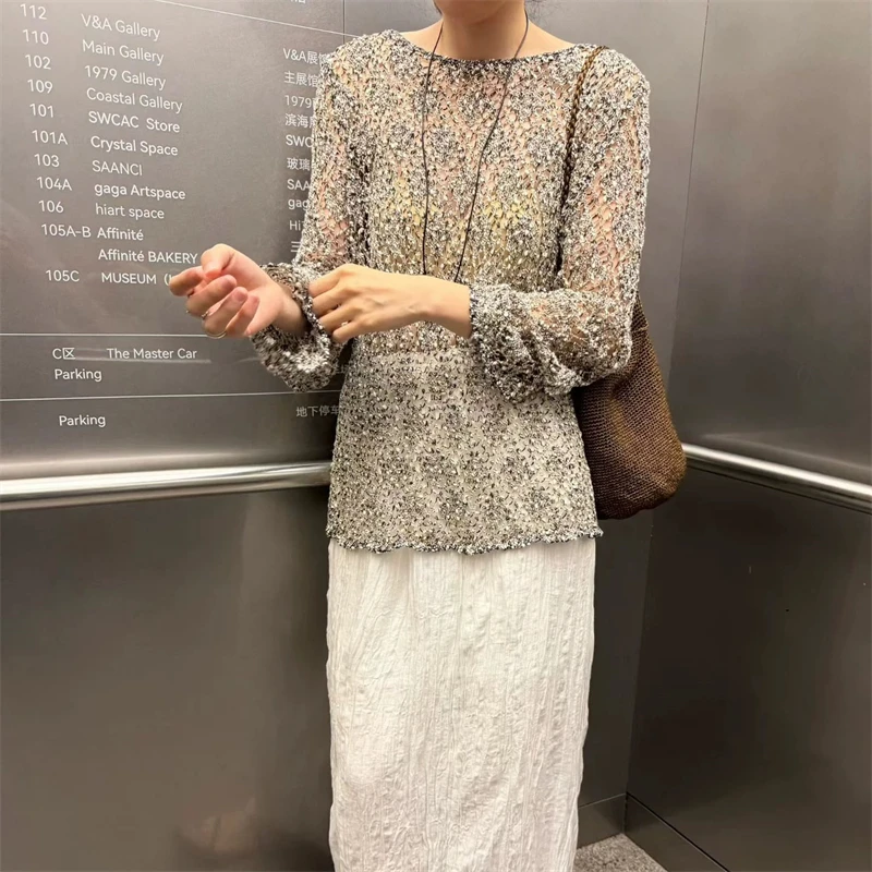 Women's round Neck Cotton Knitwear Hollow Glitter Mesh High Quality Fashion Casual See-through Autumn New Style Overhead Shirt