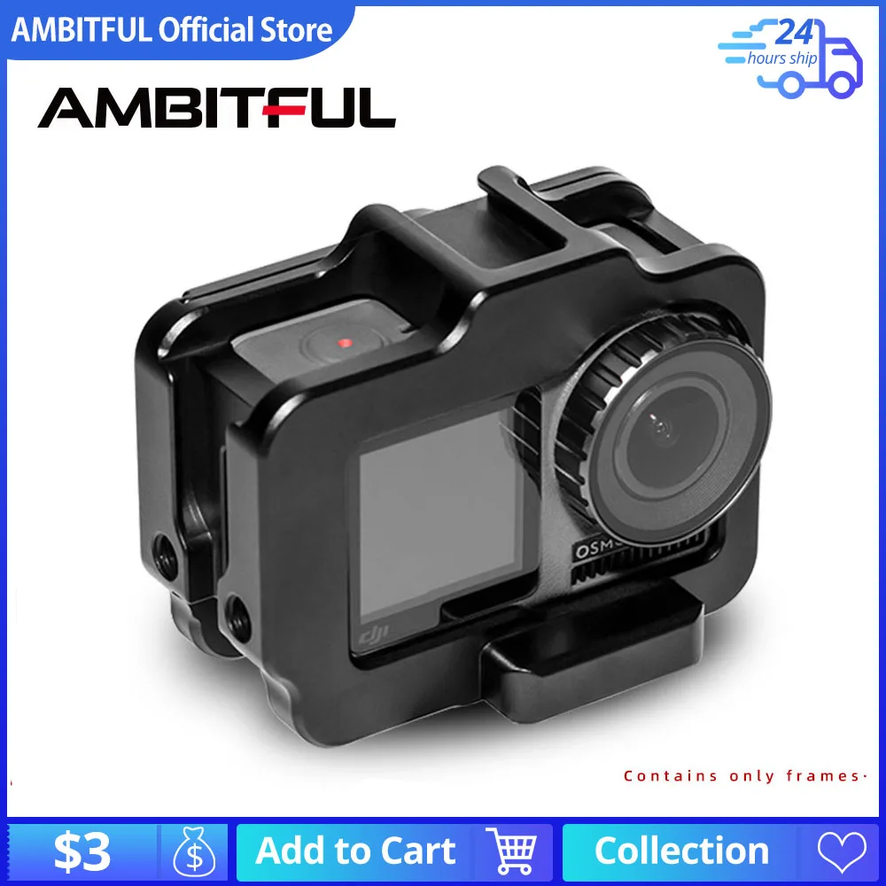 

AMBITFUL Vlogging Metal Cage Case Quick Disassembly for Dji Osmo Action Vlog Case with Cold Shoe for Microphone LED Light