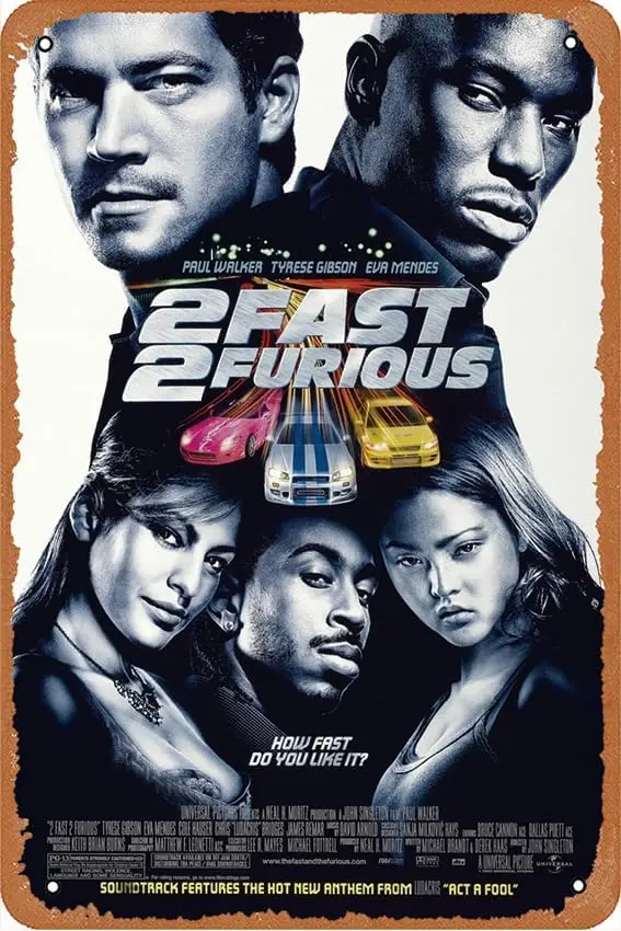 2 Fast 2 Furious 2003 movie poster Vintage Look Ad Poster Wall Art Decor Metal Tin Sign For Home,Kitchen,Shop,Club,Cafes,Bars,Pu