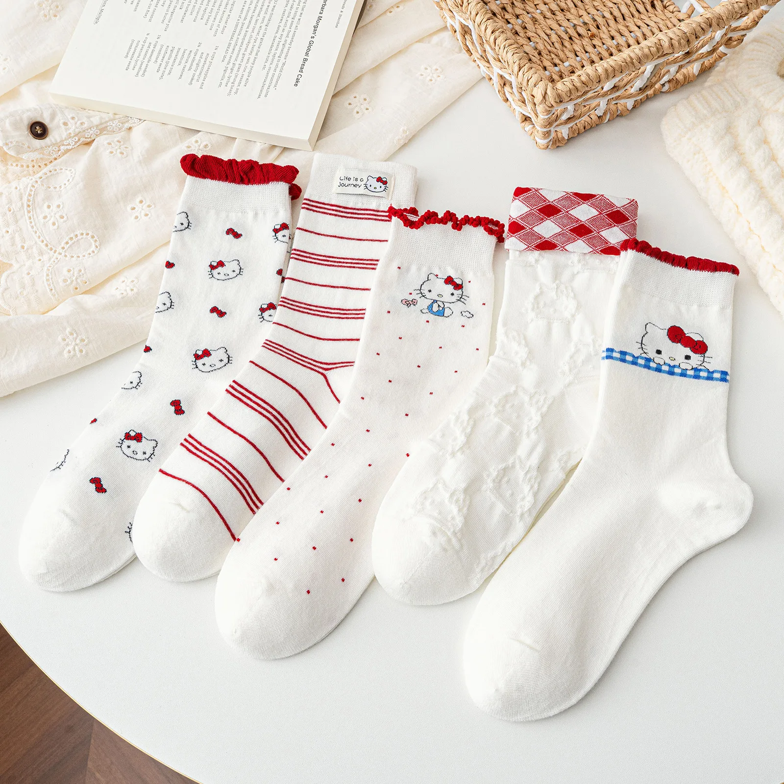 

5 Pairs For Kitty Mid-Calf Socks New Cartoon Kawaii Socks for Girls Autumn Cotton Socks Student Striped Lace Pile Socks Gift