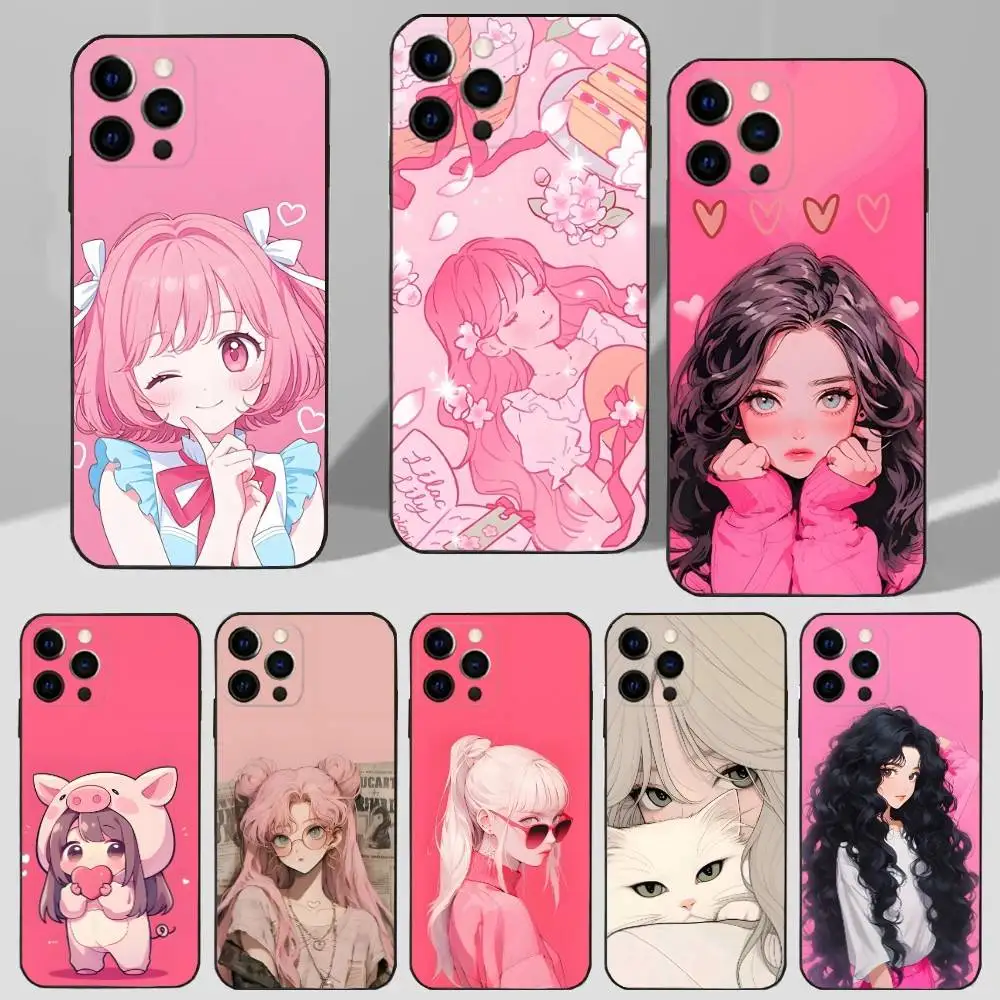 

Beauty Girl Cartoon Pink Case For iPhone 16,15,17,14,13,12,11 Plus,Pro Max,XS,X,XR,SE,Mini,8,7 Soft Silicone Black Cover