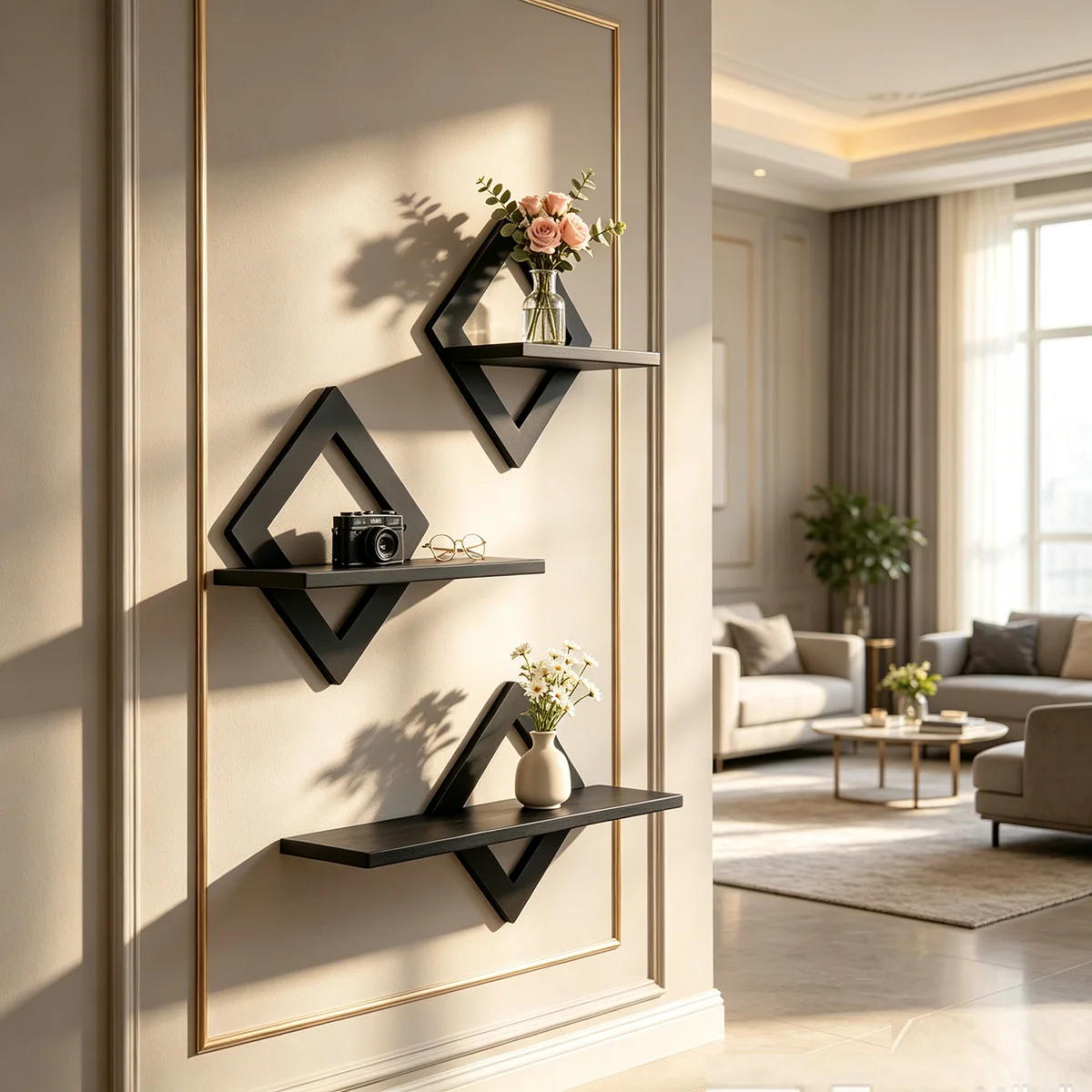 Black Diamond Shape Floating Wall Shelves Set of 3, Modern Geometric Hollow Wall Mounted Display Shelf, Decorative Wall Storage