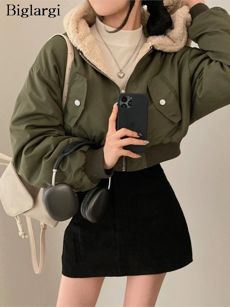 

Двустороннее осенне-зимнее стеганое хлопковое меховое пальто с капюшоном, женское свободное пальто в корейском стиле, повседневные женские укороченные куртки Modis, женское пальто