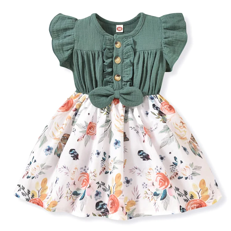 Wankitoi Toddler Baby Girl Summer Outfit Ruffle Short Sleeve Patchwork Dress Floral A-Line Skirts Infant Girl Princess Dress