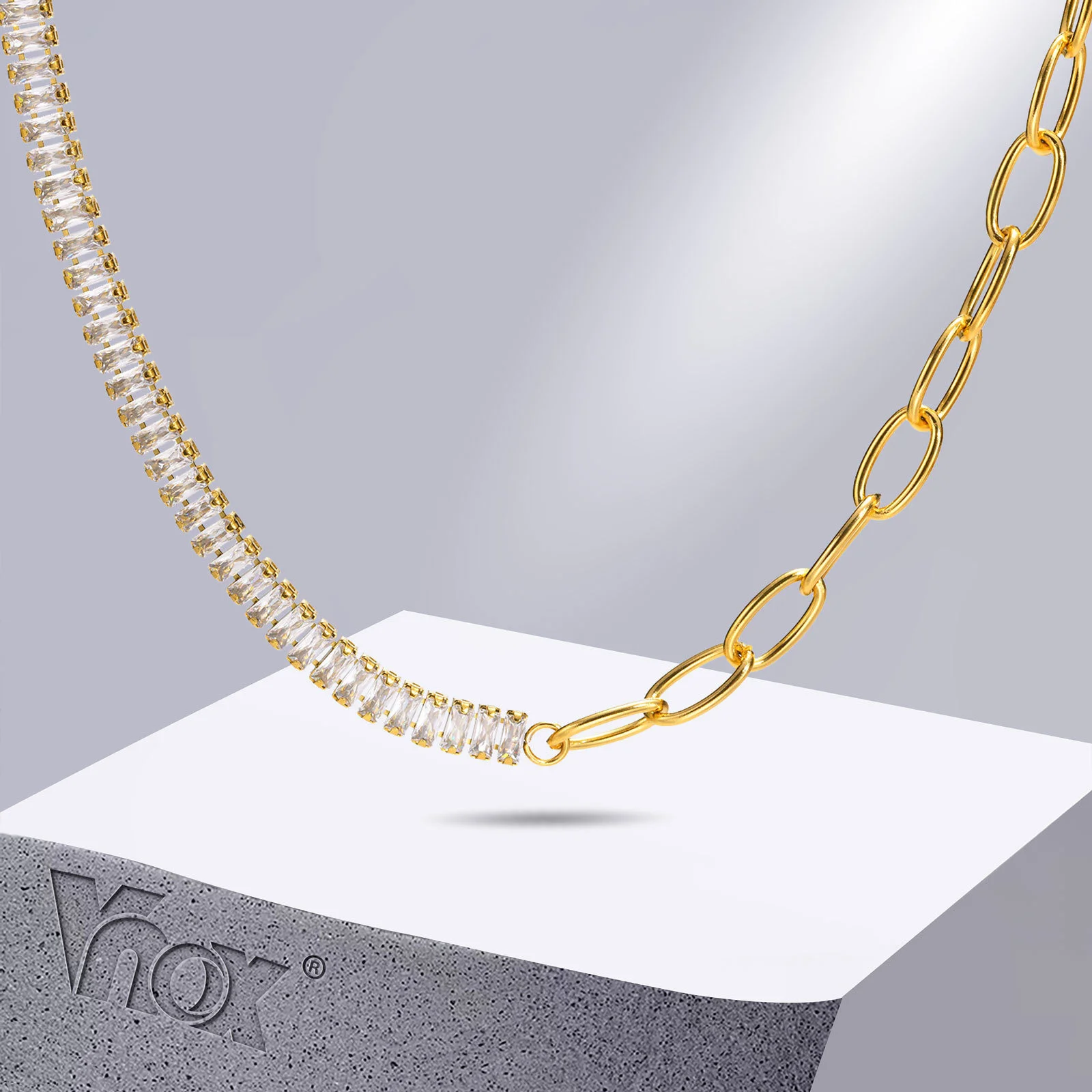 Vnox Luxury Bling AAA+ Cubic Zirconia Choker Necklaces for Women Party Gift Jewelry, Gold Color Stainless Steel Neck Collar 35cm