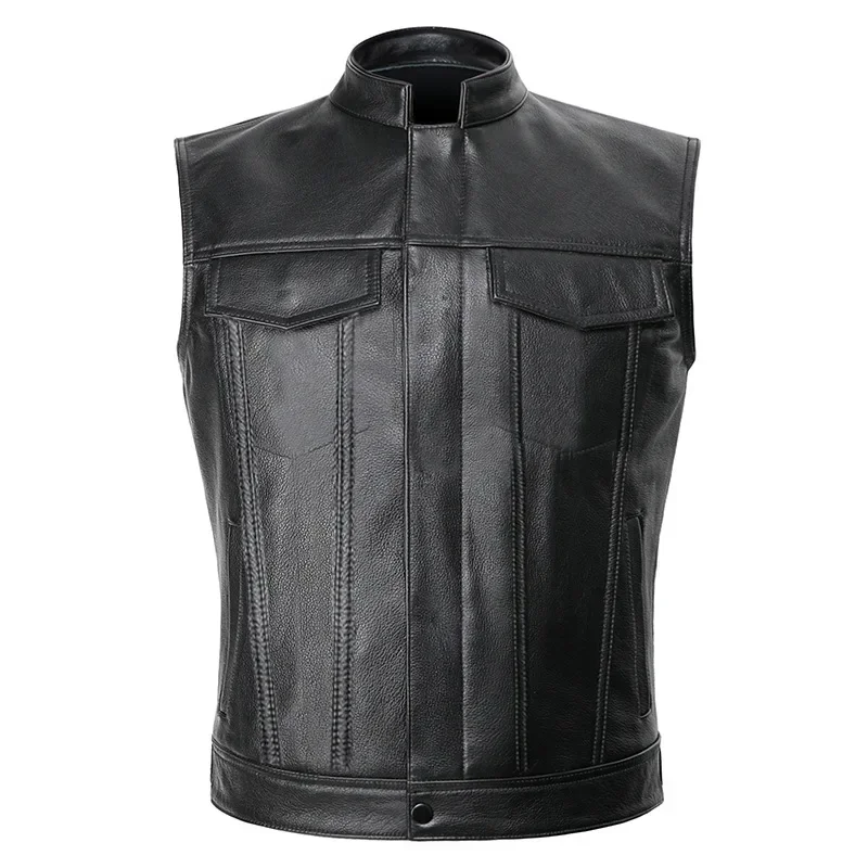 Men's Pu Leather Jacket Vest Motorcycle Motorcycle Zipper Casual Leather Vest Skull Letter Embroidered Leather Vest