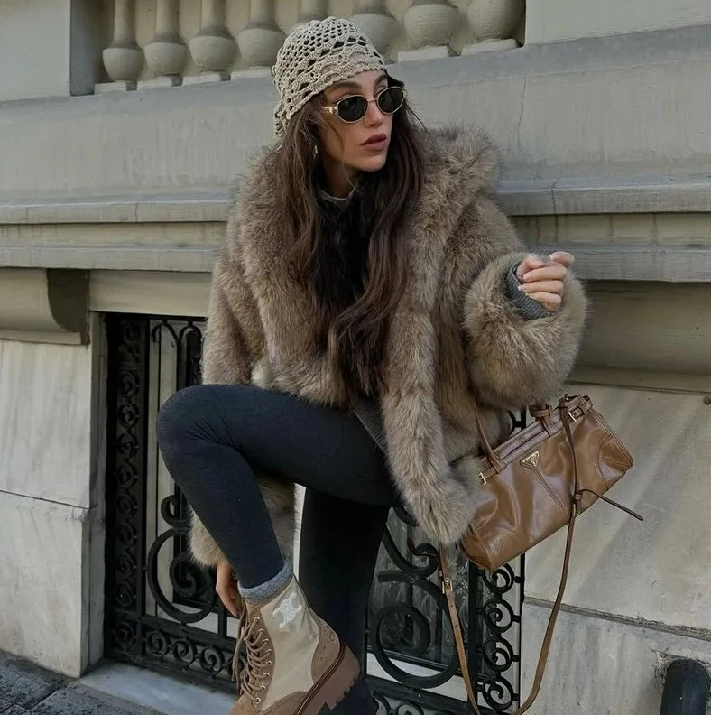 

2025 Exclusive Women Winter Hooded Faux Fur Coat Chic Street Fashion Girls Fluffy Fox Fur Jacket Thick Warm Shaggy Overcoat
