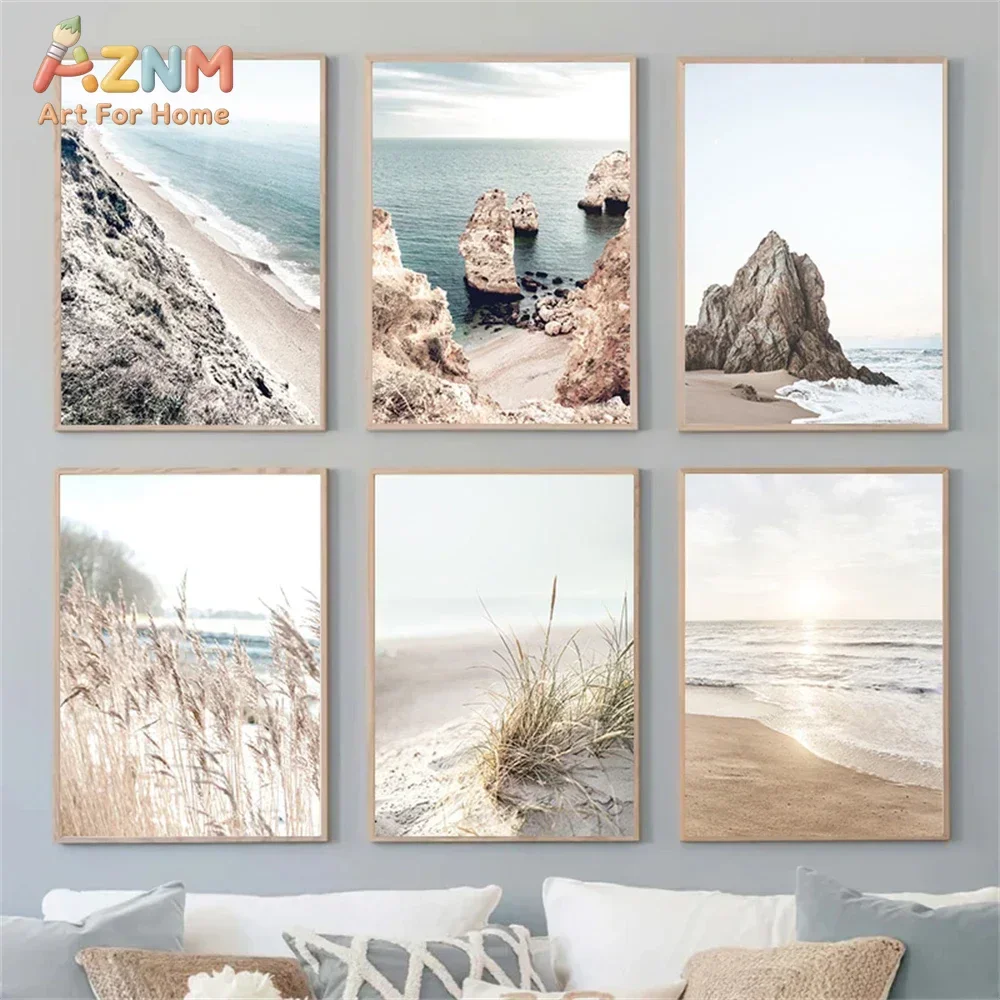 AZNM Neutral Coastal Beach Sea Cliff Reed Boat Canvas Wall Art Ocean Landscape Poster Print for Living Room Home Decor Unframed