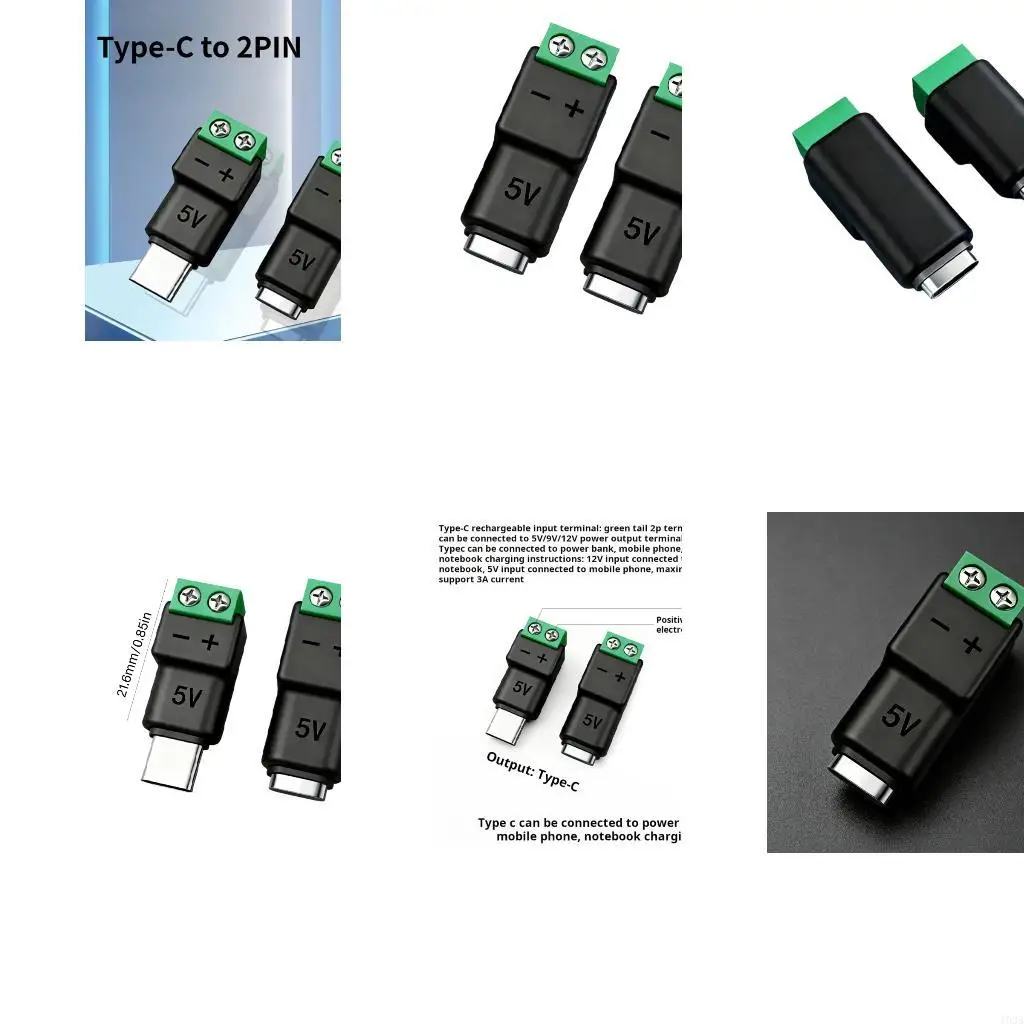 193A 2 Piece USB C Male Female To 2 Pin Terminal Block Adapter 5V15W Quick Connection For Smartphones Tablets Fan Light