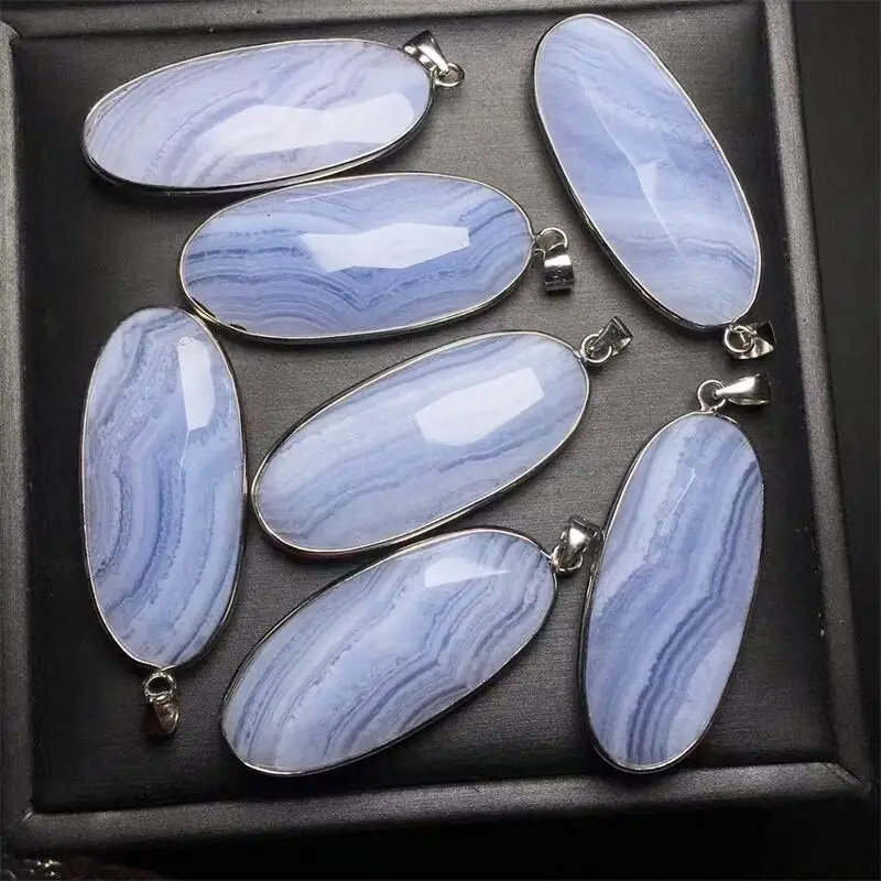 S925 Natural Blue Lace Agate Pendant Crystal Healing DIY Necklace Fashion Classic Women Jewelry Accessories Gift 1pcs