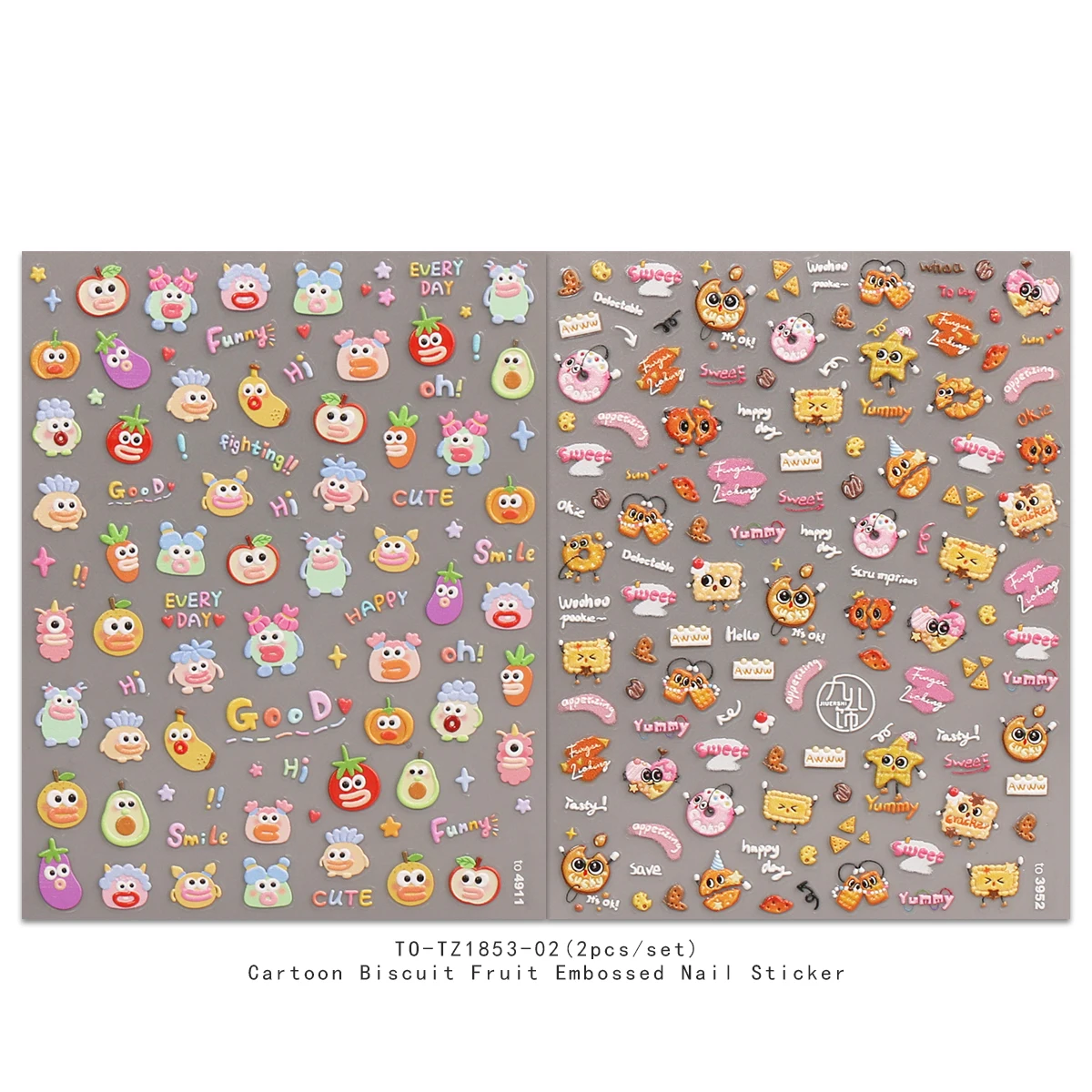 2pcs cartoon cookie fruit embossed exquisite nail art sticker, artistic nail art decal, easy to apply nail decoration, DIY, gift