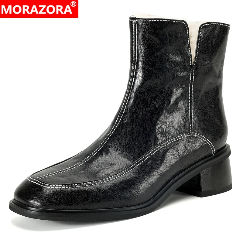 MORAZORA 2026 New Fashion Genuine Leather Ankle Boots Women Zipper Black Brown Fashion Winter Short Boots Casual Dress Shoes