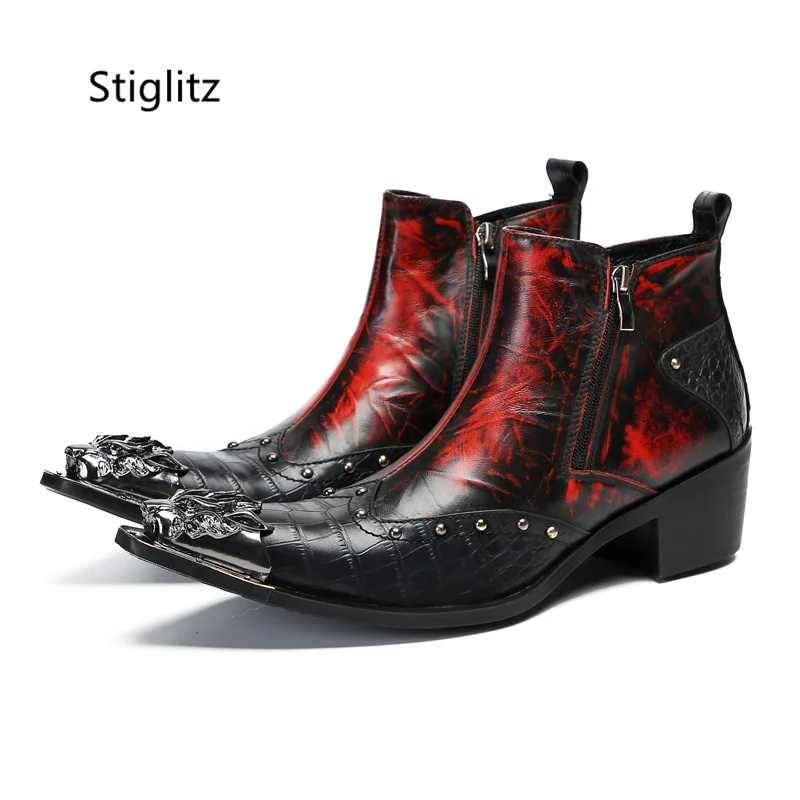 Red Black Patchwork Men's Ankle Boots Metal Toe Zip High Heels Genuine Leather Boots for Men Stylish Rivet Short Autumn Boots