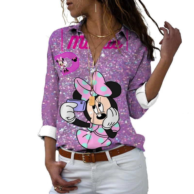 Women's Street Style Autumn Harajuku Long Sleeve Shirt Mickey Minnie Cartoon 3D Printing Ladies Lapel Single Breasted Shirt y2k