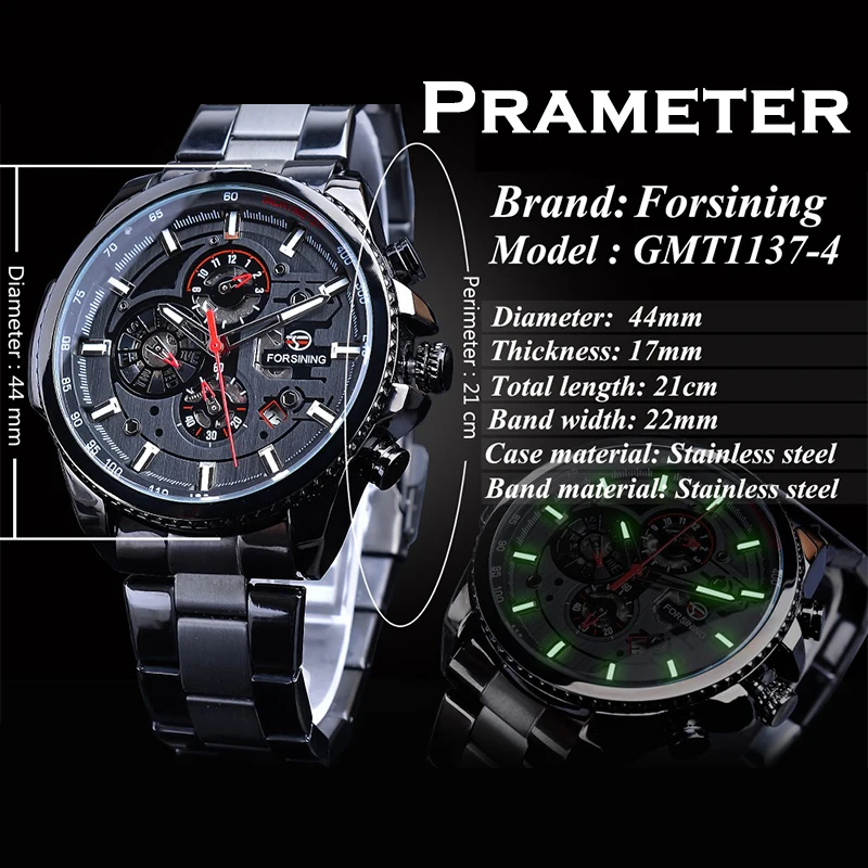 Forsining Staniless Steel Sport Waterproof Men Wrist Watch Automatic Mechanical Watches Male Multifunction Clock reloj hombre