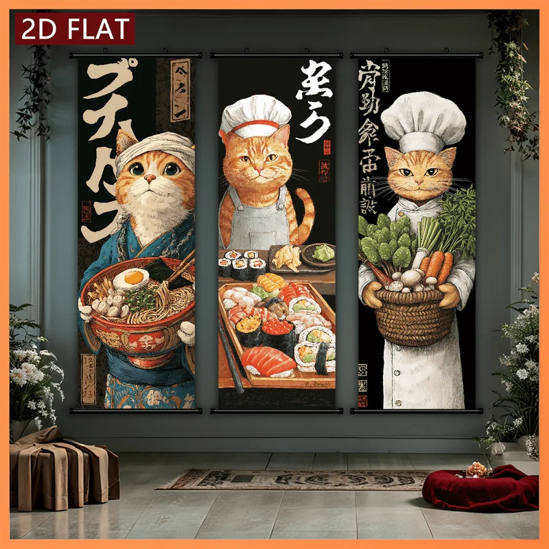 Japanese Chef Cat Scroll Tapestry, Cute Kitten Chef Sushi Ramen Ukiyo-e-Style Poster Vertical Wall Hanging, Kitchen Home Decor