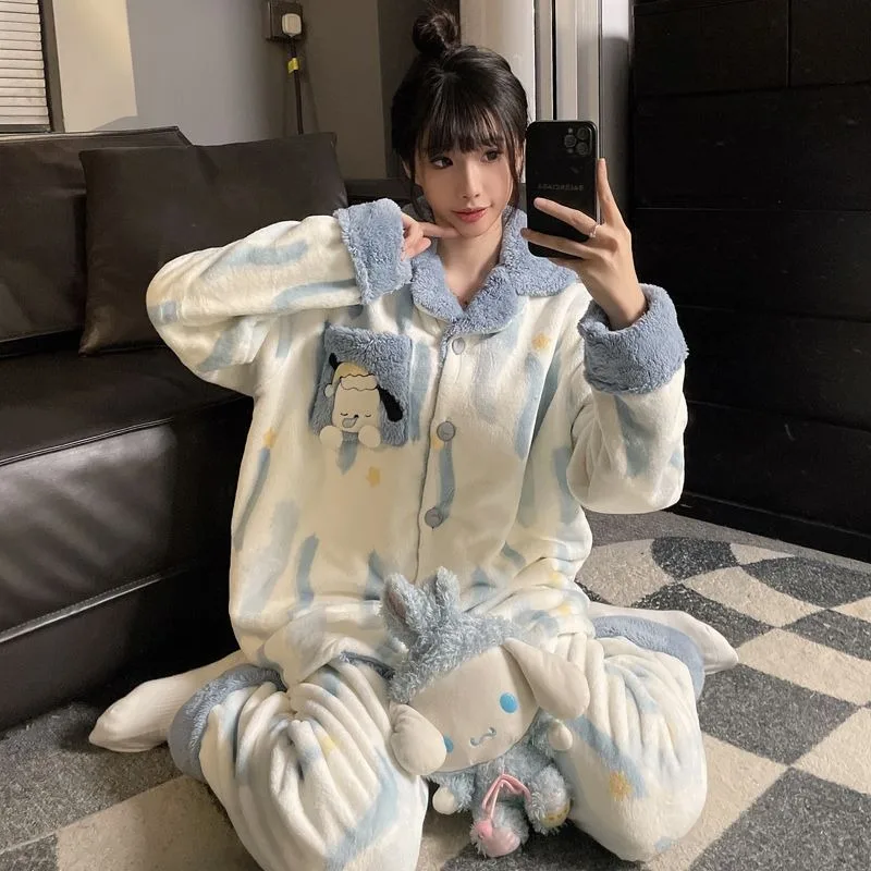 

High-quality Pochacco Coral Velvet Pajamas Cute Cartoon Girls Warm Autumn Winter Large Size Plus Fat Student Home Clothes Set