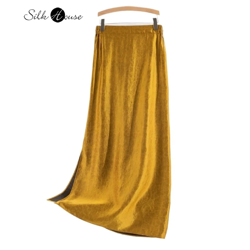 Women's Fashion 100% Natural Mulberry Silk Gambiered Guangdong Gauze Temperament High Waist Split Straight Tube Skirt