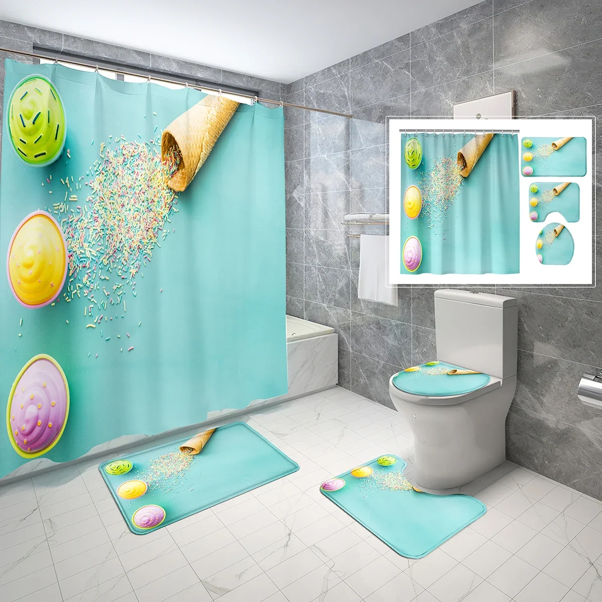 

Набор для ванной комнаты из 4 предметов: шторка для душа с конусами мороженого, зеленый фон, нескользящий коврик для ванной, водонепроницаемая шторка для душа, набор чехлов для унитаза