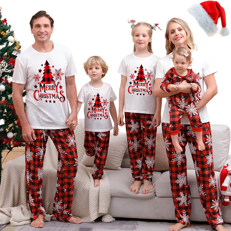 

T-shirt + Plaid Pants Parent Child Christmas Pajama Set Women Men Boy Girl Loungewear Sibling Couple Pajama Xmas Baby Jumpsuit