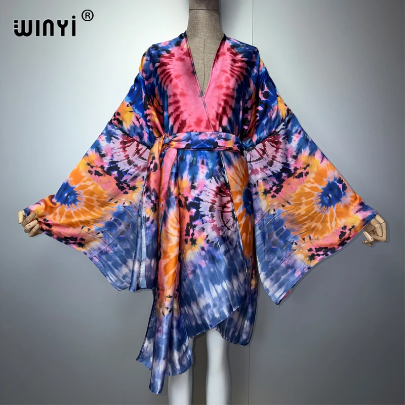 WINYI Women's Classic Pattern Print Kimono Long Bohemian Cardigan Cover-Up Stitch Casual Maxi Beach Kimono for Holiday Party