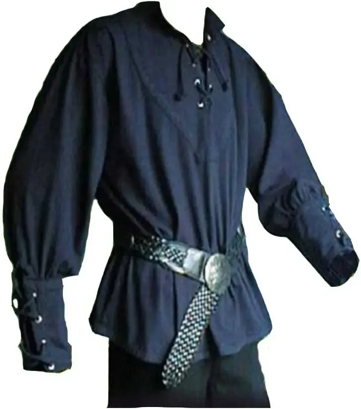 Men\'s Medieval Pirate Costume-Vintage Bandage Blouse-Mercenary Scottish Wide Cuff Shirt-Long Sleeve Top