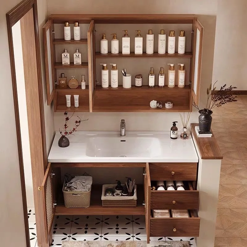 HYS oak Chinese-style smart bathroom cabinet combination, simple ceramic integrated solid wood bathroom, modern washbasin