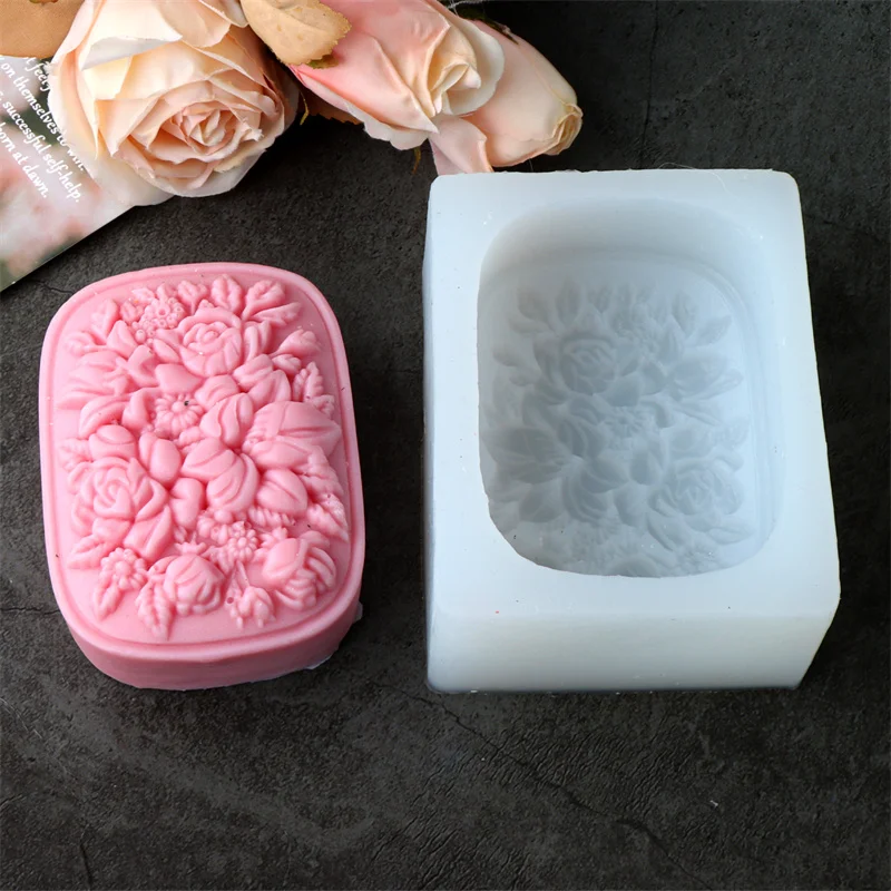 Square Floral Silicone Soap Mold with Rose and Gardenia Pattern Reusable Handmade Soap Making Tool Home Supplies Decorative Gift