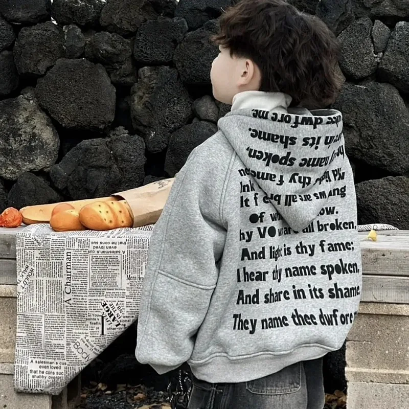 

Boys Hoodie 2025 Autumn Winter Stylish Versatile Korean Style Loose Letter Print Fleece-Lined Thickened Warm Hooded Sweatshirt