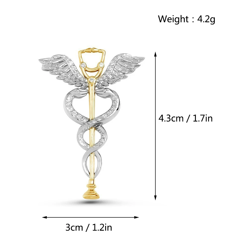 Hanreshe 고급 Caduceus 청진기, 의료용 브로치 핀, 상감 크리스탈 샤이니 스네이크 로드, 의학 라펠 배지, 보석 선물