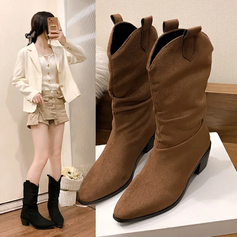Women's Folded Western Cowboy Boots Retro High Heel Mid-Calf V-Notch Slimming Cotton Lined Velvet Boot Winter Shoes
