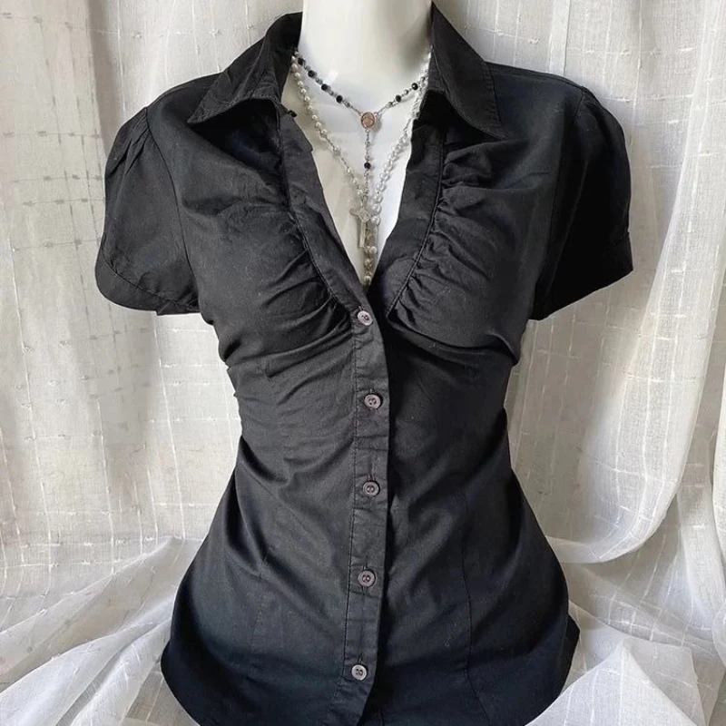 Retro new black Japanese V-neck shirt for women Harajuku Goth large size waist-hugging and slimming fashion top
