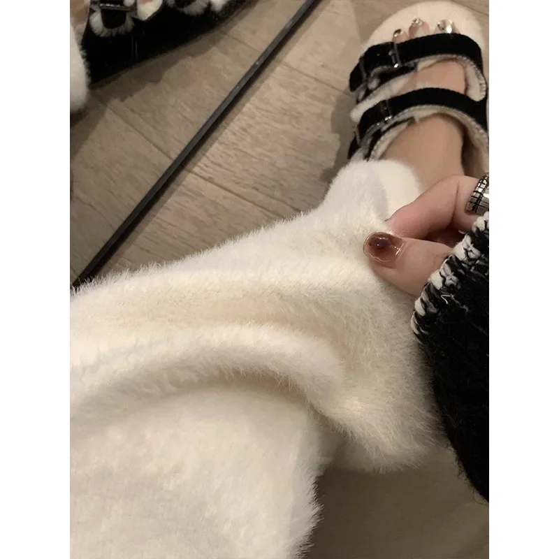 Korean Fashion Women's Wide Leg Pants Autumn Winter Plush Warm Knit Loose Casual Pants Y2k Sweatpants Women Streetwear