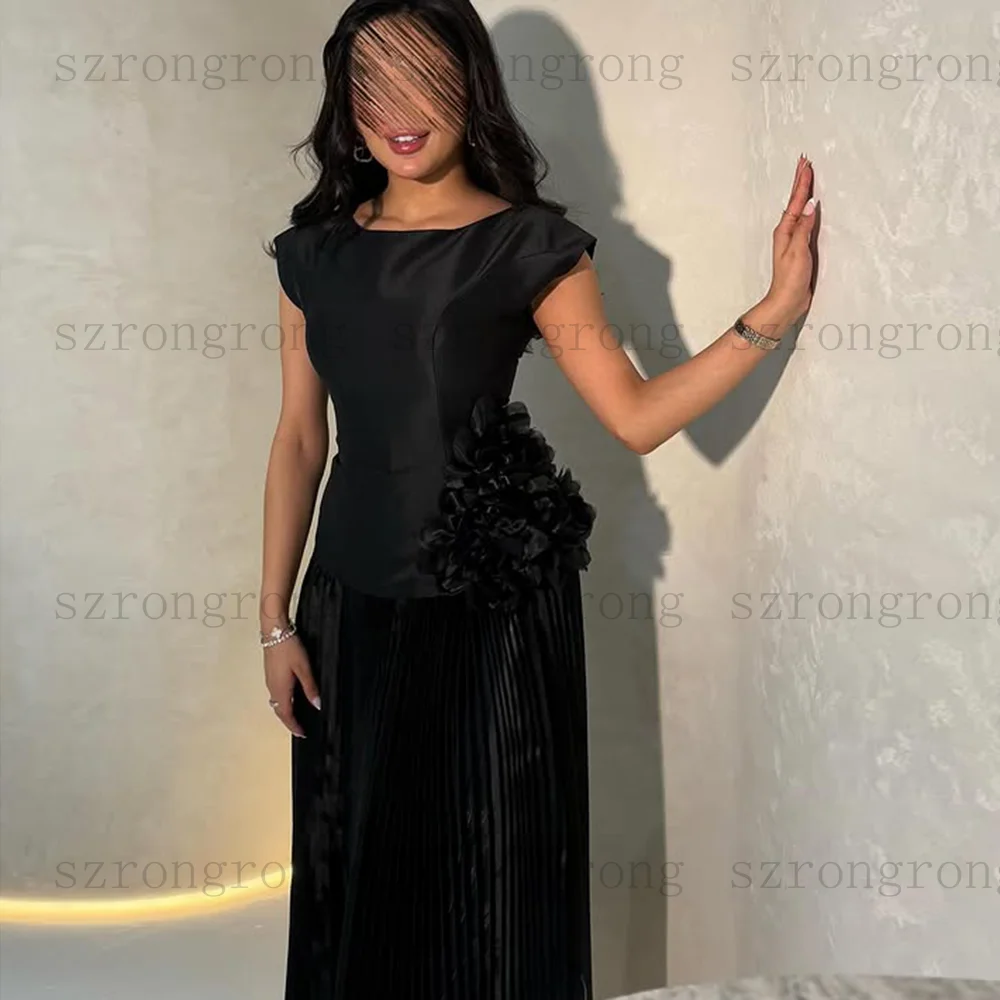 겸손한 오-넥 새틴 Pleated a 라인 긴 사우디 신부 드레스 여성을위한 수제 꽃 민소매 이브닝 가운 맞춤 제작