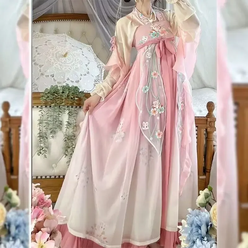 Hanfu ชุดคอสเพลย์เจ้าหญิงเจ้าหญิงชุดโบราณจีนโบราณชุดสีชมพู2023ฤดูร้อนชุดเดรสเต้นรำใหม่