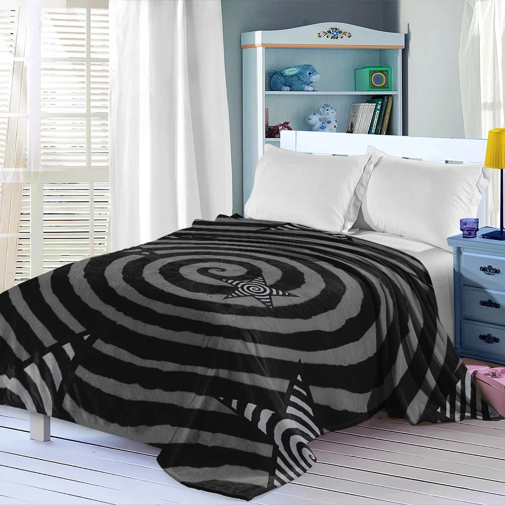 Black White Spiral Stars Lightweight Flannel Blanket Breathable Cozy Throw Blanket for Spring Summer Sofa Bed Air Conditioning