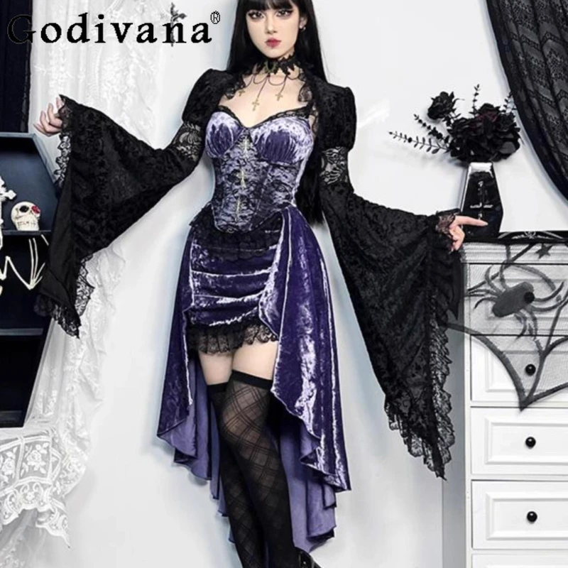 

Gothic Cosplay Dress Set Women's Dark Style Witch Lolita Lace Blouse Purple Strap Dress Suits Female Summer Lolita Outfits