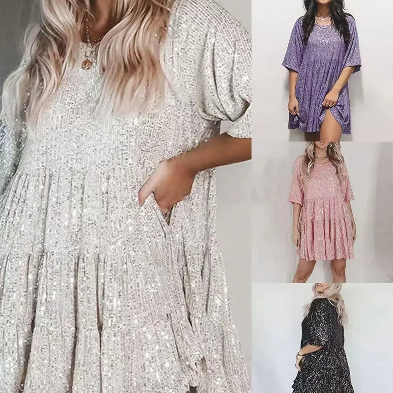 Plus-size elegant fashion sequins round neck loose short-sleeved dress dinner dress plus-size women's clothing