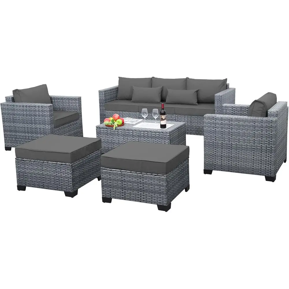 

6-Piece Outdoor Wicker Patio Furniture Set with HDPE Rattan, Sectional Sofa, Storage Table, and Grey Cushions