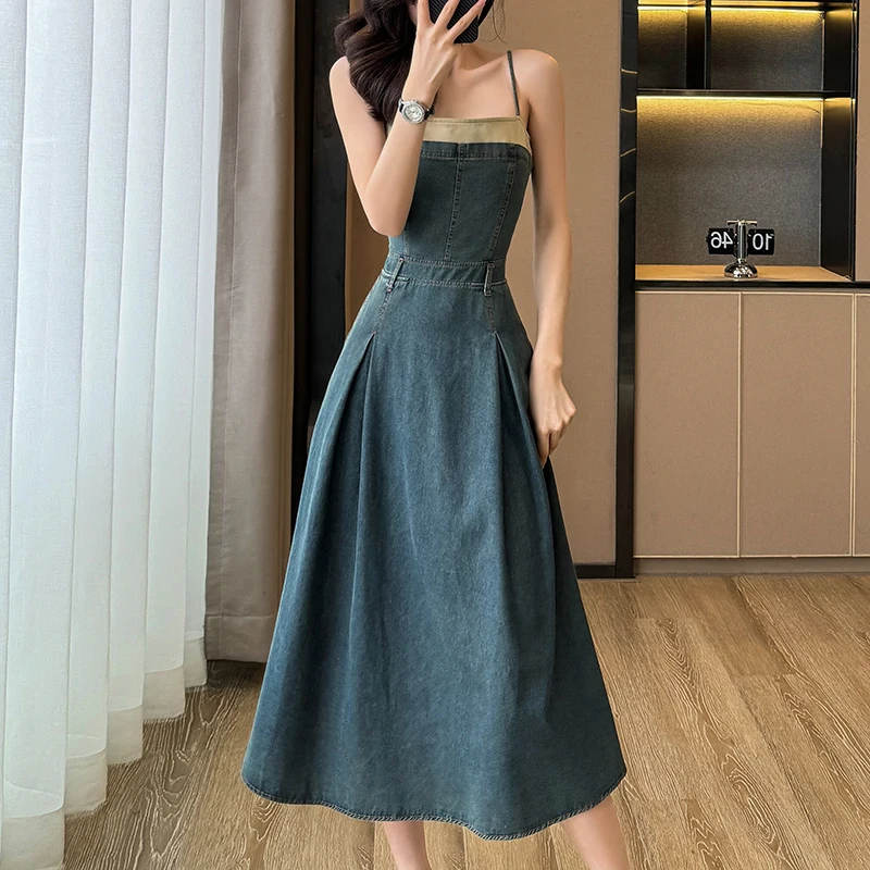 Spaghetti Strap Dresses with Pocket Midi Sundress Elastic Jeans Dress Women Elastic High Waist A-Line Summer Casual Denim Dress