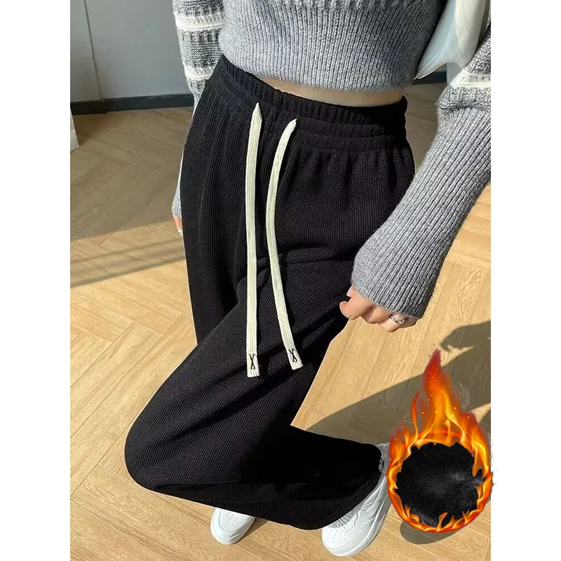 Winter Lady High Waist Fleece Thermal Pants Girls Straight Leg Baggy Fleece Trousers Female Korean Snow Warm Daily Pants