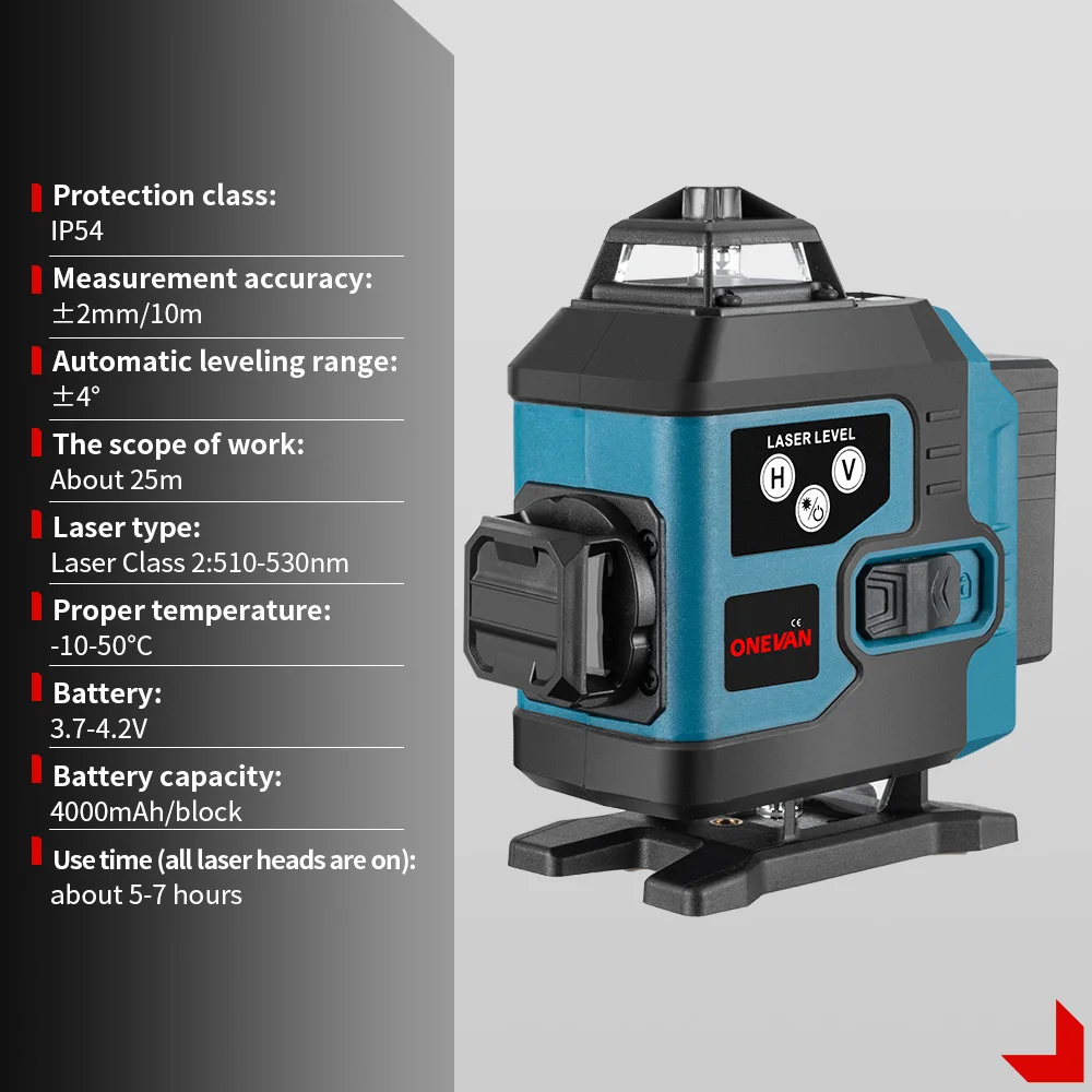 ONEVAN Cordless 16 Lines 4D Laser Level Self-Leveling 360 Horizontal And Vertical Cross Super Powerful Green Laser Level