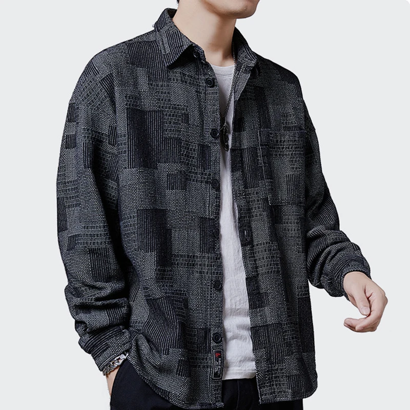 

Spring Fall Vintage Men's Shirt Casual Loose Plaid Patchwork Lapel Blouses Fashion Versatile Simple Handsome Long Sleeve Tops